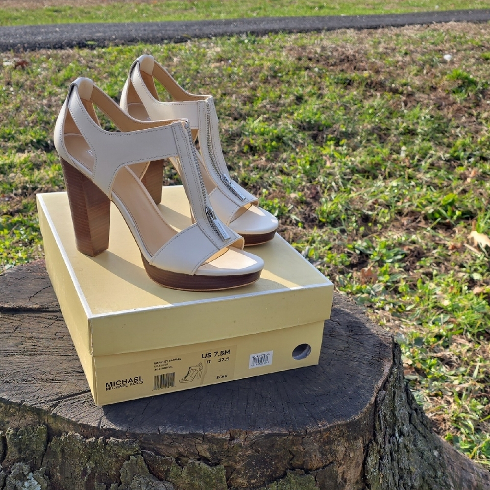 Michael Kors Cream Leather T-Strap Block Heel Sandals